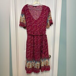 Bloomchic Bloom Chic Floral Boho V-neck Floral Belted Dress Size 12 Pockets!